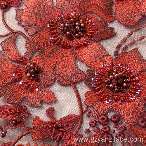 Red Handwork Embroidery Designe Fabric for Dress